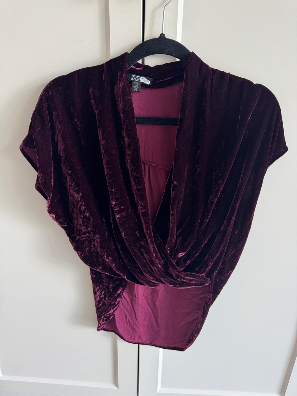 Velvet Surplice Draped Blouse in Deep Wine